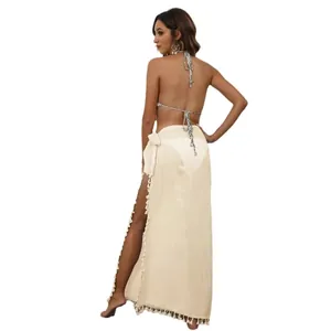 Bohemian beige tassel beach sarong wrap skirt sexy irregular summer cover-up for women