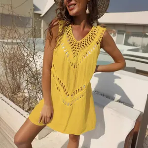 Stylish vibrant yellow V-neck crochet lace beach cover-up tunic dress for summer vacation