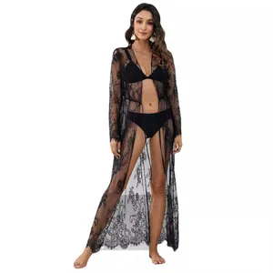 Elegant sexy black sheer floral lace beach cover-up cardigan featuring waist tie closure
