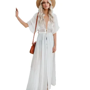 Bohemian white lace patchwork beach cardigan with long sleeves and elegant tie waist