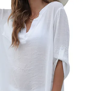 Women's sexy white V-neck beach bikini cover-up tunic with roll-up sleeves for vacation