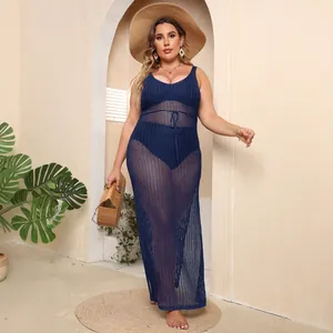 Plus size navy blue crochet hollow out beach cover-up maxi dress for summer vacations