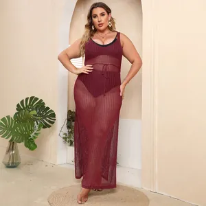 Plus size burgundy crochet mesh beach cover up maxi dress with side slits and drawstring