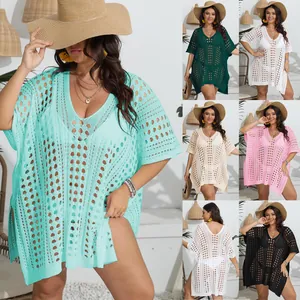 Salida de Playa Talla Grande Mujer Cuello en V Profundo Ganchillo Calado Abertura Lateral Vestido Bikini Bañador Poliéster Top