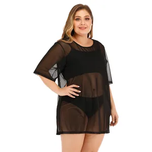Robe de plage noire en maille grande taille avec manches courtes et col rond élégant