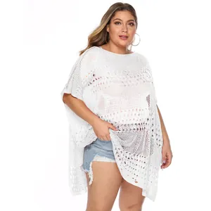 Plus size witte gehaakte strandtuniek met gedetailleerde gebreide textuur voor dames