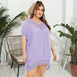 Vestido playero de talla grande lavanda con detalles de ganchillo hechos a mano