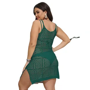 Robe de plage sexy au crochet vert sans manches pour femme avec motif ajouré élégant