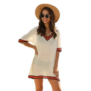 Comfortable bohemian hand-crocheted V-neck loose beach cover-up dress for women