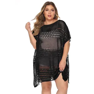 Plus size zwarte gehaakte strandcover-up met een gedetailleerd opengewerkt patroon