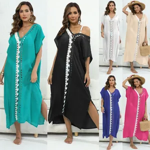 Boho V-neck crochet patchwork beach cover-up maxi dress in multiple colors