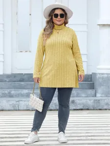 Stylish plus size yellow turtleneck ribbed long sleeve top featuring side slit details