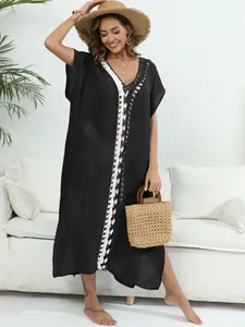 Women Bohemian Crochet Color Block Beach Cover-up Deep V Neck Side Split Maxi Dress Resort Wear Kaftan