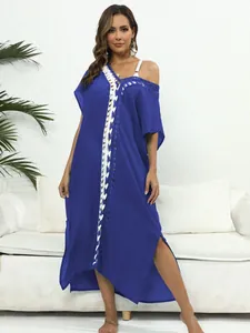 Blue crochet patchwork beach bikini cover-up dress with V-neck and side slit