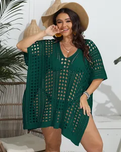 Salida de baño de talla grande verde oscuro de punto calado con escote en V profundo