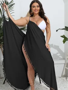 Plus Size schwarzer Strand-Cover-Up mit Fransen und unregelmäßigem Saum-Design