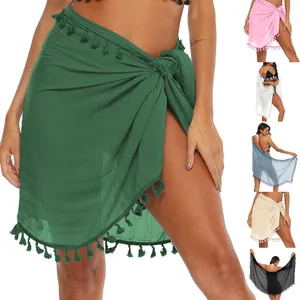 Gonna Sarong da Spiaggia in Poliestere Patchwork con Nappine Irregolare Donna Tinta Unita Sexy Stile Boho Vacanza