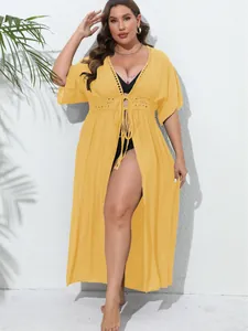Cárdigan de playa de encaje amarillo talla grande con lazo para mujer, cobertura