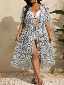 Damen Plus Size Strand-Abdeckung Cardigan Mit Polka Dot Print Unregelmäßiger Saum Bindegürtel Sonnenschutz Mesh Urlaub Top