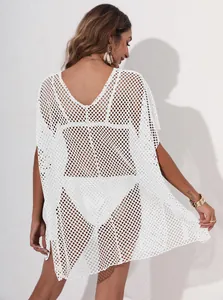 Back view of a loose white hollow-out mesh beach cover-up dress with a V-neckline detail