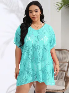 Elegant plus size turquoise lace hollow-out beach cover up dress for women summer