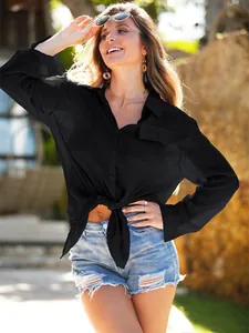 Stylish women's black wrinkled knit button shirt beach cover-up with waist tie design