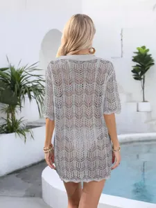 Grijze gehaakte strand-cover-up voor dames met Polo-kraag en prachtig bladpatroon