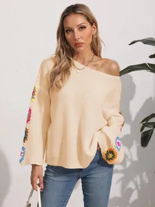 Women's off-shoulder crochet sleeve sweater loose knit pullover in cream white boho style