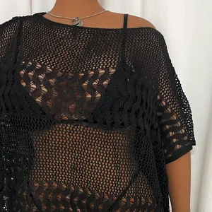 Detail view of the black crochet mesh texture on this stylish hollow beach cover-up