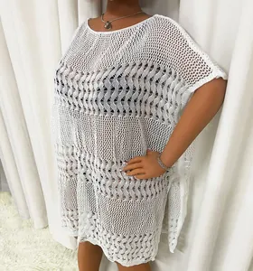 Detailed view of a white plus size hollow-out knit beach cover-up on mannequin