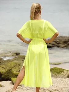 Neon yellow sheer mesh beach cover-up cardigan with waist tie and side slits back view