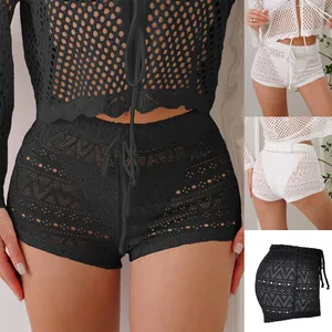 Detailed multi-view showcase of women's sexy hollow-out lace shorts in black and white colors
