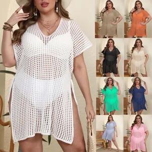 Plus size hollow-out crochet beach cover-up dress in multiple colors