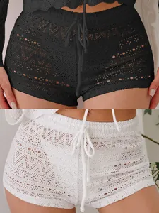 Women Sexy Hollow Out Lace-up Shorts Polyester Lace Crochet Mini Hot Pants Summer Beach Vacation Bottoms