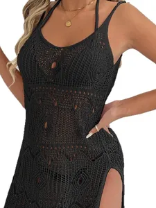 Sexy black crochet beach cover-up dress with deep V-neck and high side split
