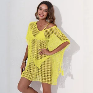 Elegant bright yellow mesh beach cover-up dress with irregular hem and V-neck for women