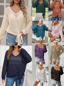 Women V Neck Hollow Out Crochet Knit Cover Up Top Bow Tie Long Sleeve Pullover Loose Polyester Sweater For Beach Vacation
