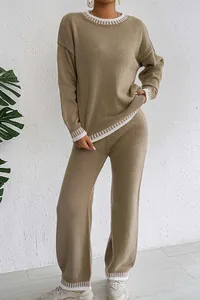 Full view of women's knitted two-piece lounge set with contrast ribbing detail.