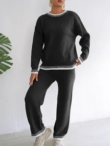 Women's 2-piece knitted lounge set with contrast trim sweater and wide-leg pants