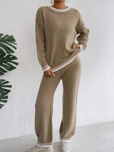 Two-piece women's knitted lounge set featuring khaki sweater and wide-leg trousers