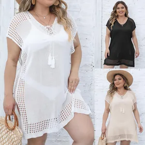 Plus size crochet knit beach cover-up tunic with V-neck tassel lace-up in three colors