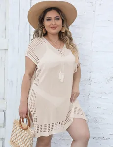 Plus size beige knit beach cover-up dress with deep V lace-up tassels