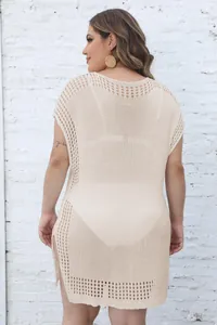 Back view of a beige plus-size crochet bikini cover-up with hollow-out knit details.