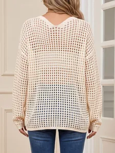 Back view of women's beige hollow-out knit cover-up with a V-neck and loose fit