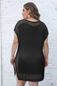 Plus size black crochet beach cover-up showing back hollow-out details and side slit