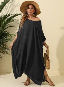 Plus Size schwarzes loses Strand-Cover-up Maxikleid mit Seitenschlitz und Strukturstoff
