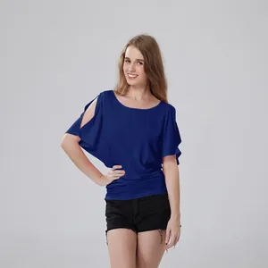 Stylish women's dark blue cold-shoulder batwing sleeve round neck casual T-shirt top