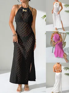 Robe De Plage Sexy Pour Femmes Dos Nu À Nouer Crochet Ajouré Avec Boucle En Coquillage Fente Latérale Maillot De Bain En Polyester