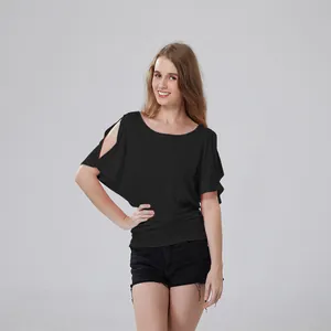 Detailed view of women's black cold-shoulder top with batwing sleeves and round neck