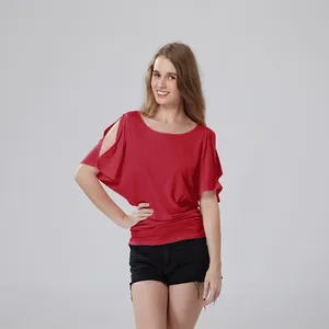Red off-shoulder batwing sleeve T-shirt shown on model against a grey background
